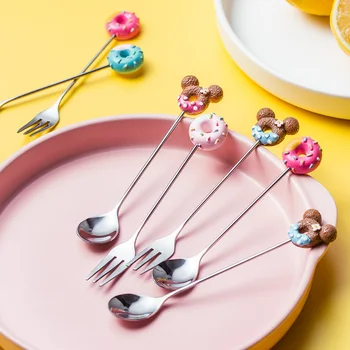 

5pcs Cute Stainless steel coffee stirring spoon Doughnut Spoon ice cream Dessert fork Teaspoon tableware set Kitchen Supplies