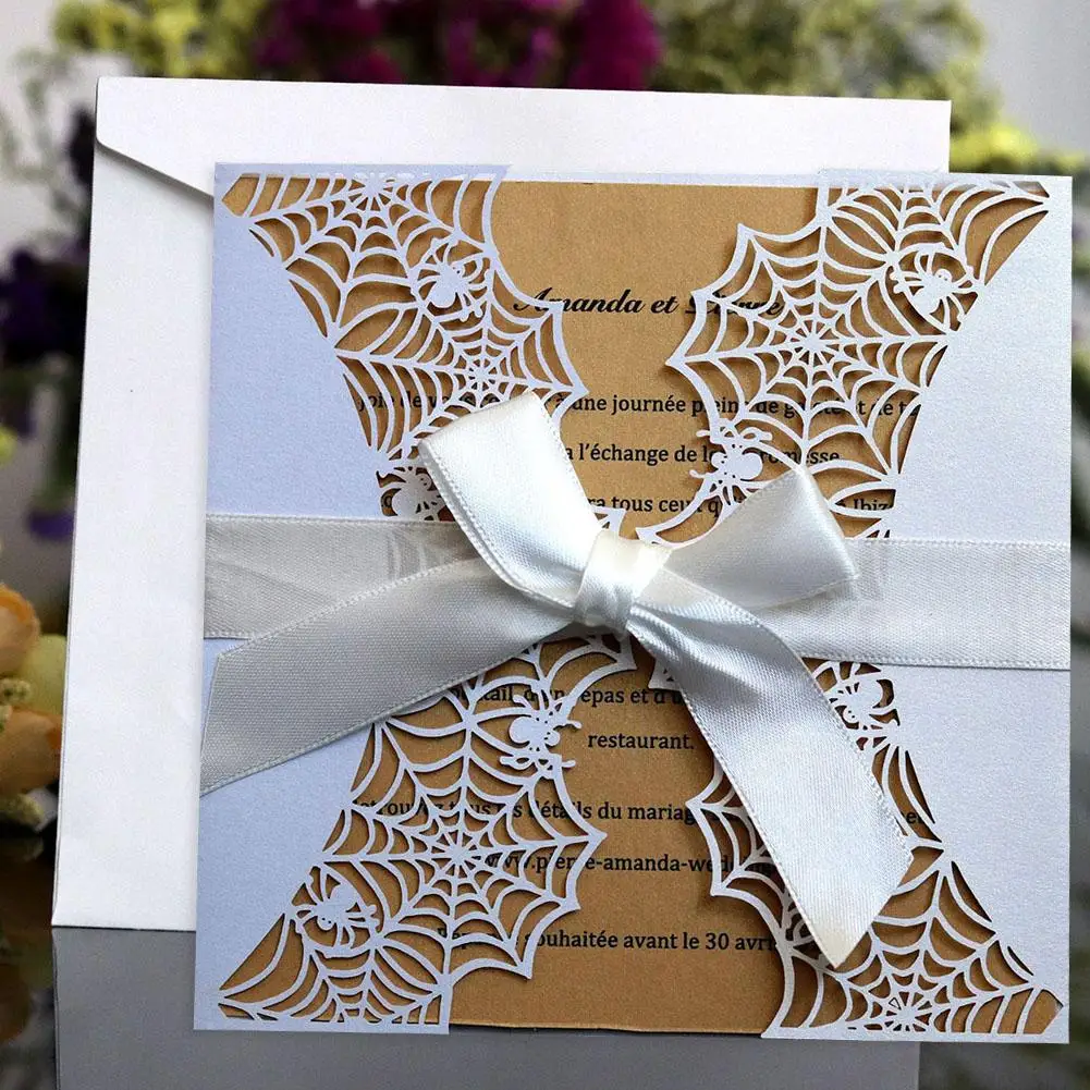  10PCS Laser Cut Halloween Party Invitations Lace Halloween Spider Web Invitation Cardinal Black Ope - 32899621493