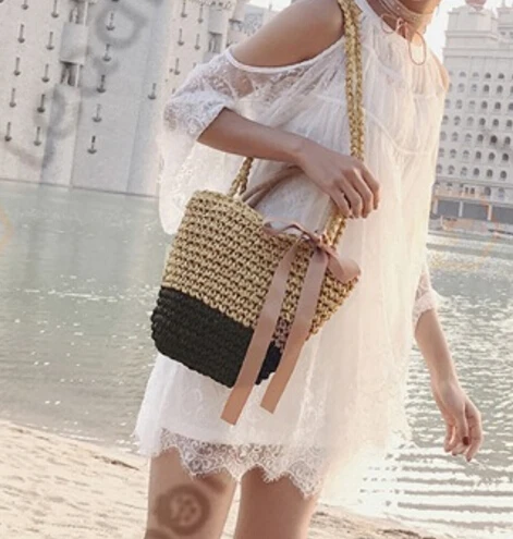 Женская Соломенная плетеная сумка, сумки на плечо, сумка-тоут, сумка-мессенджер, Сумка с бантом, Лоскутная женская сумка на плечо - Цвет: B