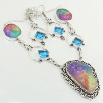 

Multicolor Solar Quarts Necklace Earing Silver Overlay over Copper , 52 cm, N3094