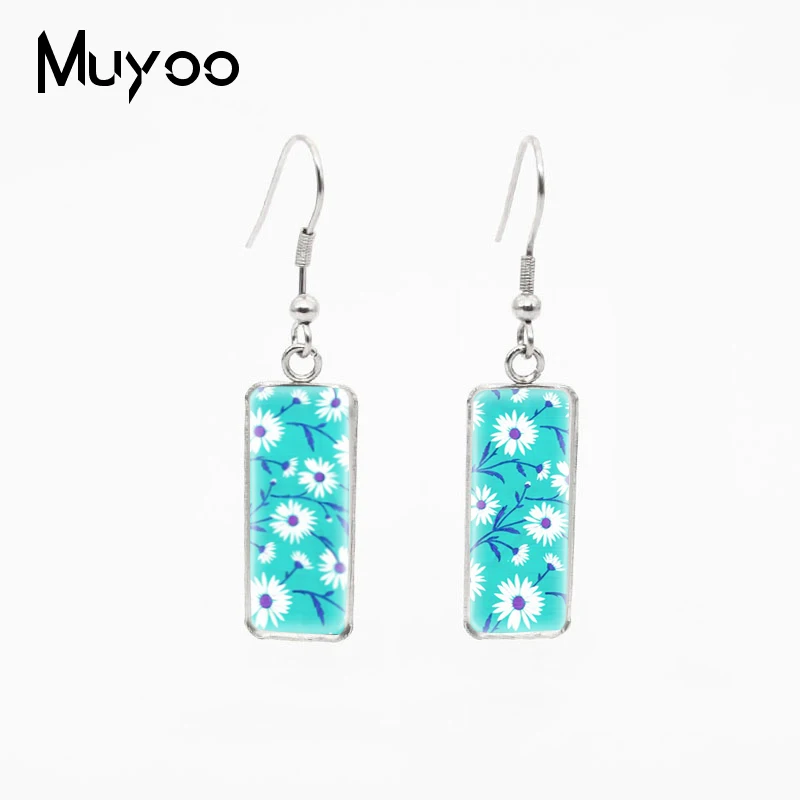 

Beauty Fresh Flowers Square Pattern Design Glass Cabochon Fish Hook Earrings Daisy, Daffodil Flowers Jewelry Earrings