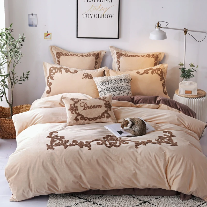 Waliicorners European embroidery Bedding Set Fleece fabric Bed Sheet Comforter Duvet Cover Bedclothes Adult Queen King Size Linens 4/7pcs 16 KG0B2213