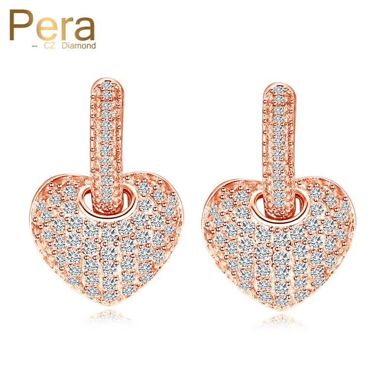 

Pera Fashion Korean Cute Style Clear Hoop Cubic Zirconia Paved Rose Gold Color Big Heart Shape Stud Earrings For Women Gift E304