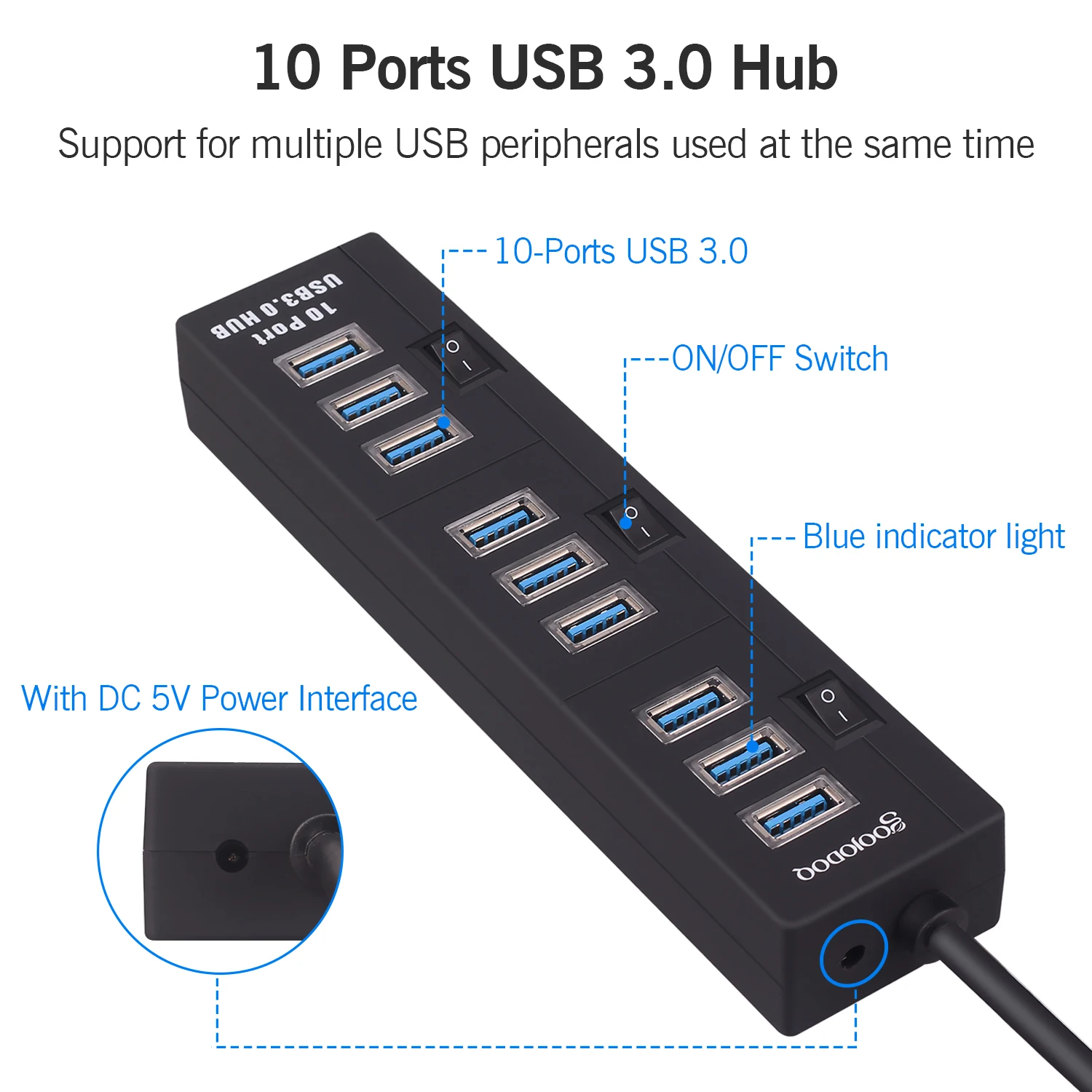 10 Порты и разъёмы USB 3,0 концентратор USB 5V 2A Мощность адаптер usb-хаб 3,0 Зарядное устройство с переключателем Мульти USB разветвитель USB3.0 концентратор для Macbook портативных ПК