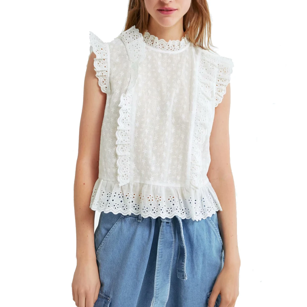 2019 za для женщин летние блузки малышек женский деревенский ажурный embroideried Топ