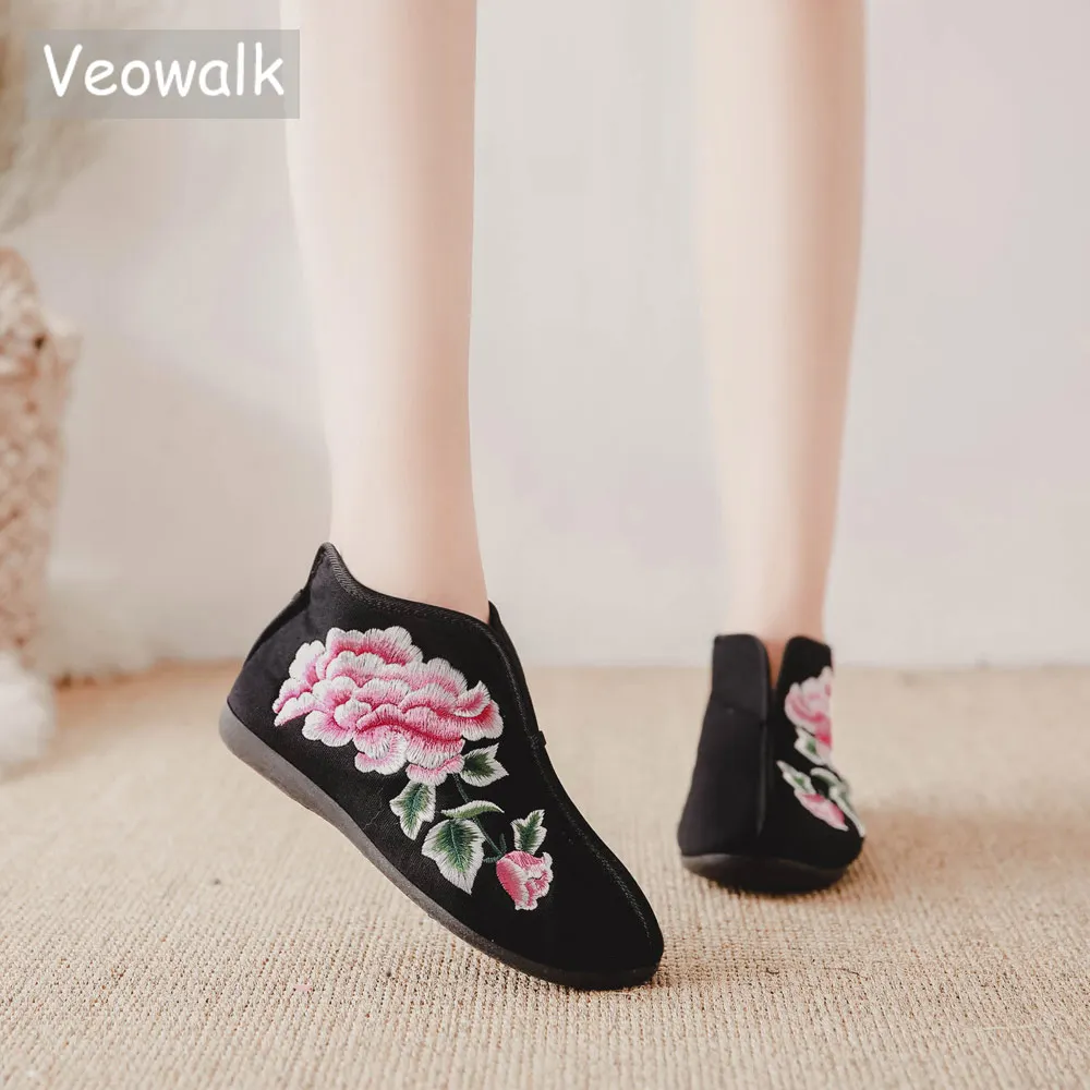 Veowalk/Женская обувь на плоской подошве с цветочной вышивкой и толстым хлопковым