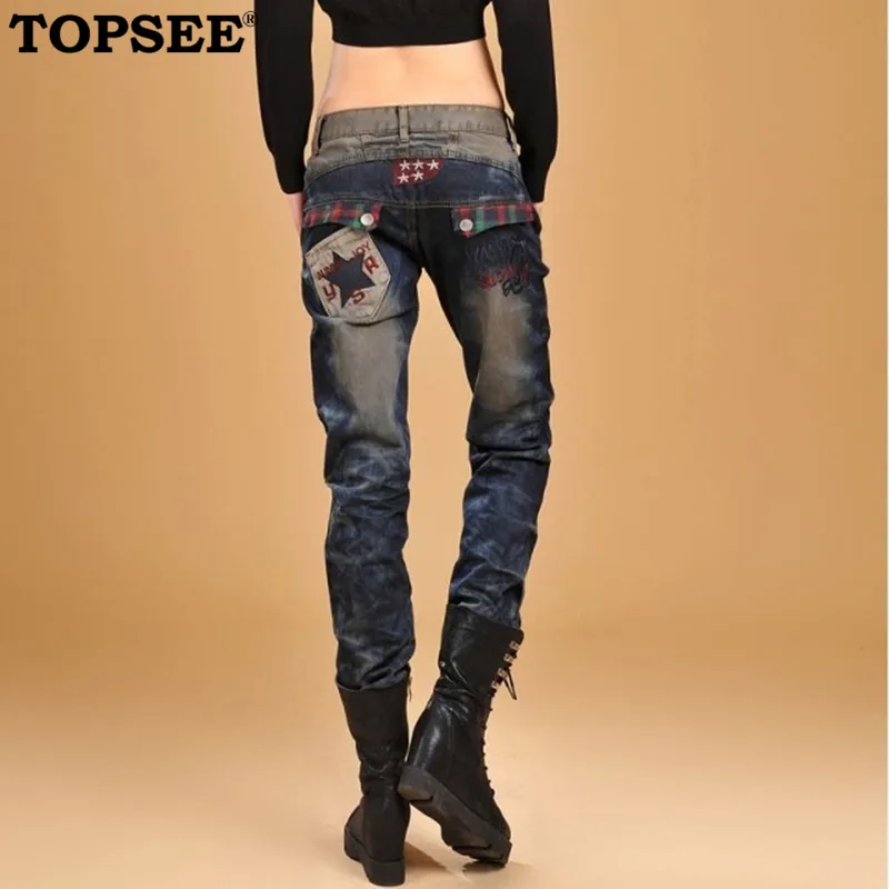 

2016 New Vintage Loose Style Pocket Pleated Bleached Jean Women Cross-Pants Korean Slim Style Women Clothing Free Shipping J1228
