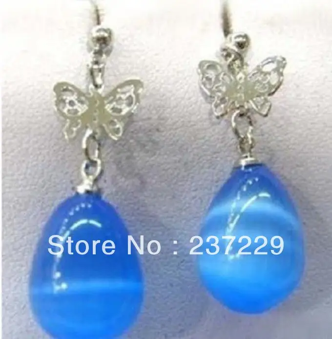 Wholesale price FREE SHIPPING Blue Opal Drip Silver Butterfly Earrings