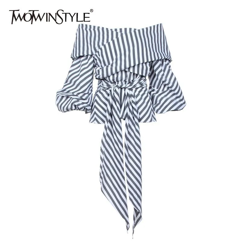 

TWOTWINSTYLE Striped Casual Women Blouse Slash Neck Half Sleeve Bandage Slim Shirt Female Fashion 2019 Summer Clothes New