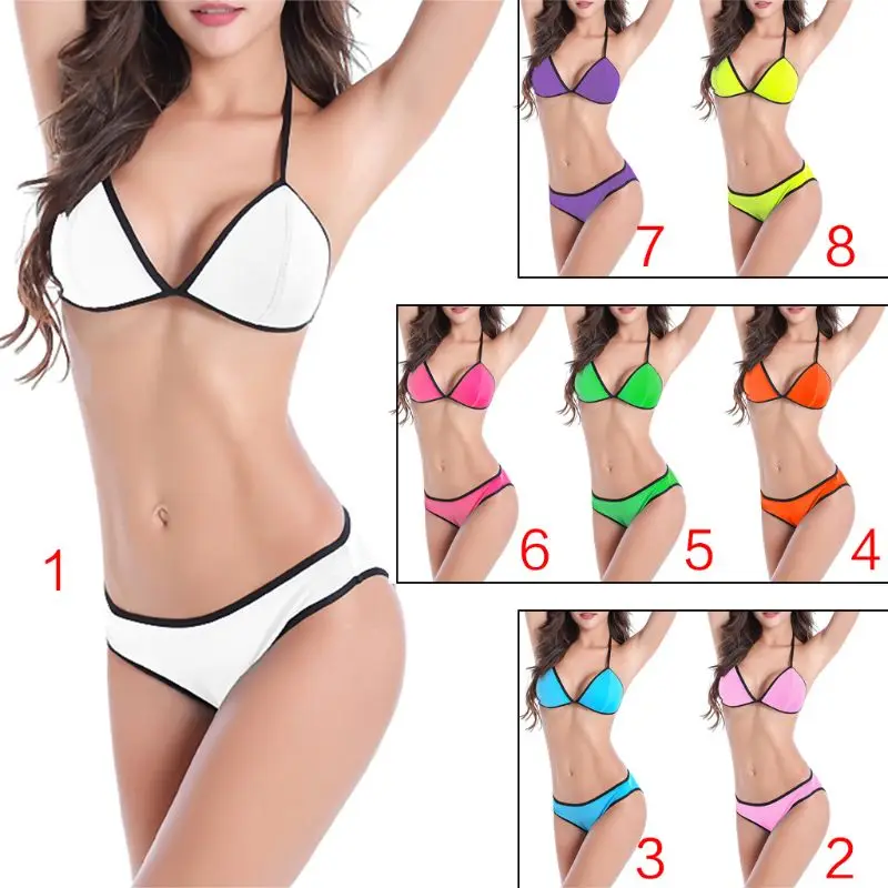 

8 Colors Womens Sexy Two Piece Bikini Set Hollow Out Racerback Deep V-Neck Bra Contrast Black Trim Light Padded Swimsuit Bathing