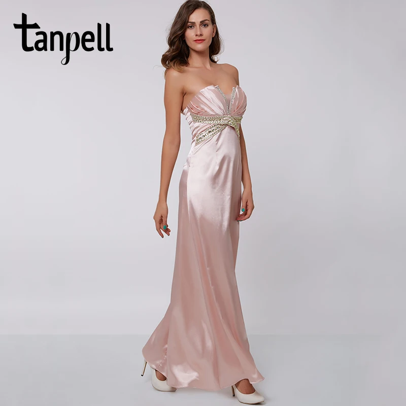 Billige Tanpell scalloped neck abendkleid rosa ärmellose bodenlangen gerade kleider perlen falten frauen lange formale abendkleid