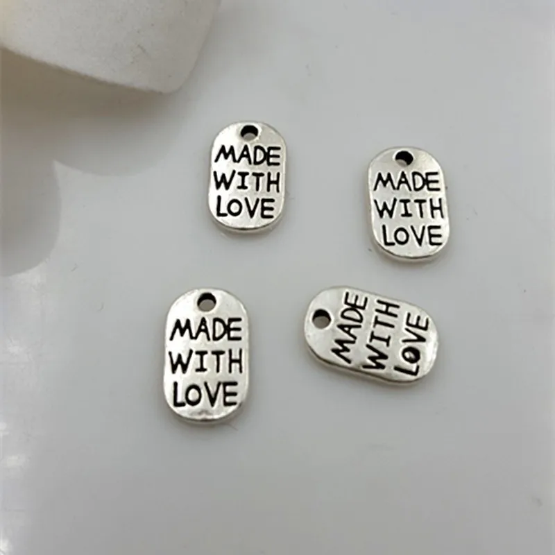50Pcs Silver Oval Beads DIY MADE WITH LOVE Charms Pendant for Jewelry Making