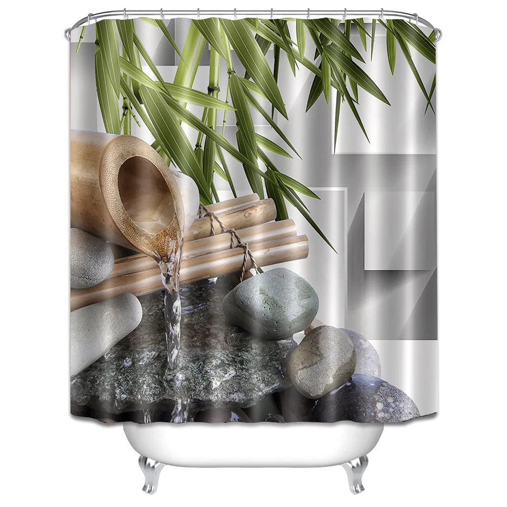Günstig 72  Asian Zen Frühling Wasser Schwarz Steine Dusche Vorhang Grün Bambus Polyester Stoff Bad Vorhänge für Badewanne Wohnkultur