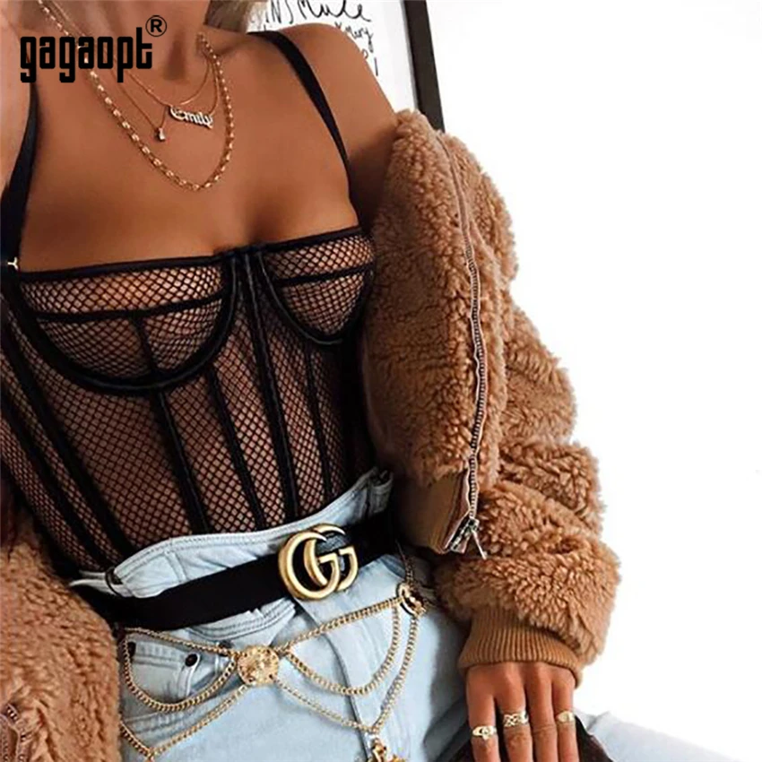 

Gagaopt 2019 Spring Mesh Bodysuit Women Fashion Perspective Sexy Bodysuit Striped Black Bodysuit Club