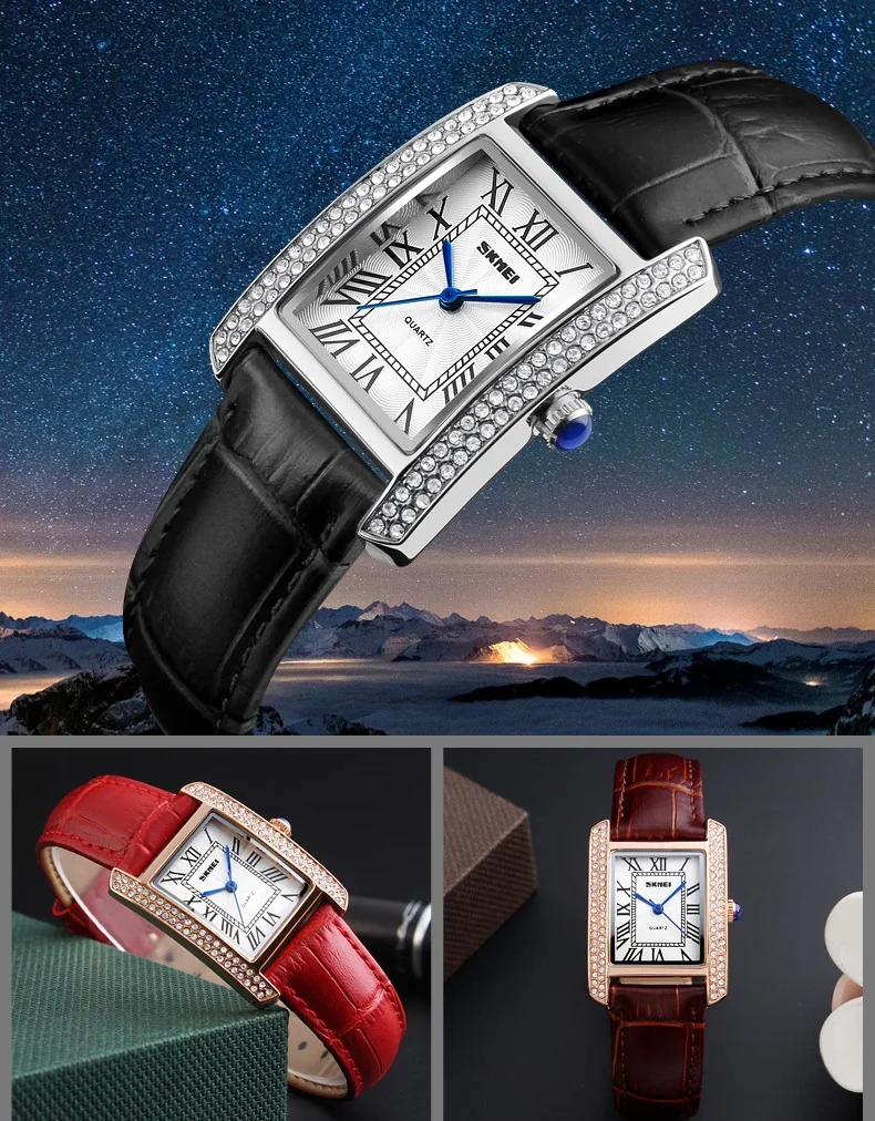 Women's Elegant Leather Band Rhinestone Dial Wristwatch Black