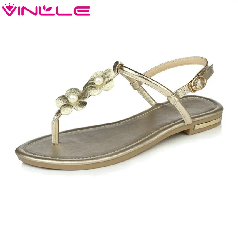 

VINLLE 2018 Women Sandals Shoes Flower Woman Genuine Leather Ankle Strap Square Low Heel Black Ladies Wedding Shoes Size 34-43