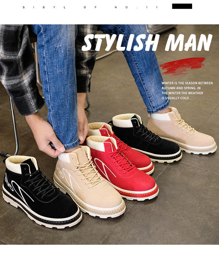 Новые мужские ботинки на шнуровке Повседневная обувь с высоким берцем на шнуровке рабочие ботинки на платформе черного и красного цвета, износостойкая нескользящая обувь