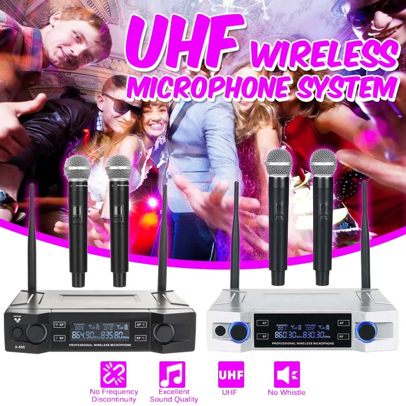 UHF Wireless Microphone System 2 Channel 2 Cordless Handheld Mic Kraoke Speech Party Supplies Cardioid Microphone Black White