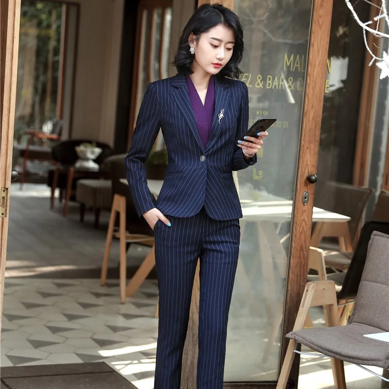 Blazers Striped grey Uniforme Avec Pour Striped Tops Blue Et Dames Femmes Styles Ensembles Striped Black Professionnel dark Pantsuits Femme Rayé Pantalon Pantalons Vestes Costumes wOqUwSB
