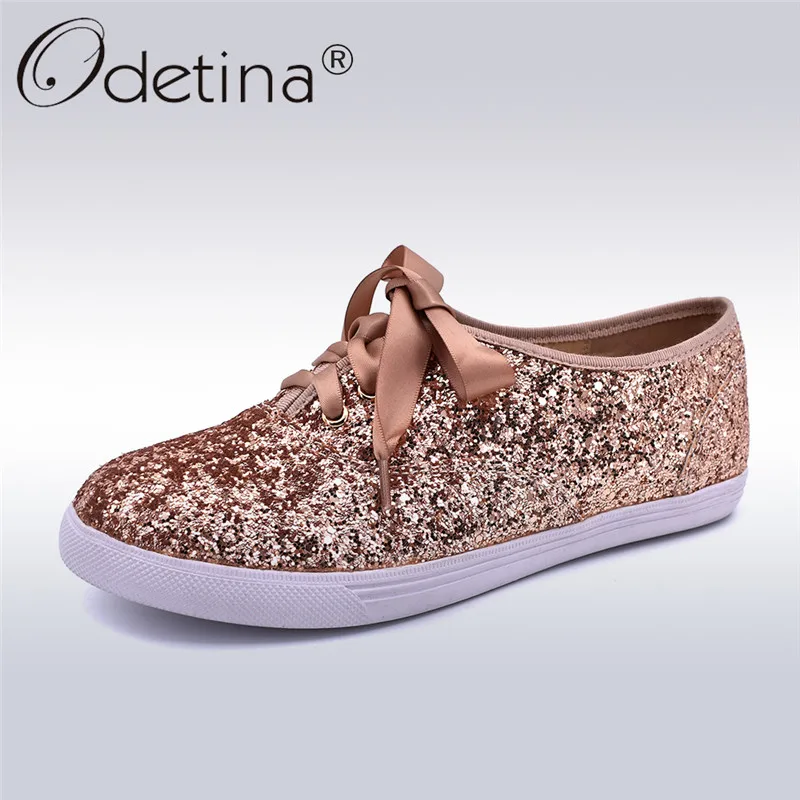 

Odetina Spring Autumn New Fashion Bling Glitter Flat Shoes Women Round Toe Riband Lace Up Girl Street Style Sequins Casual Shoes