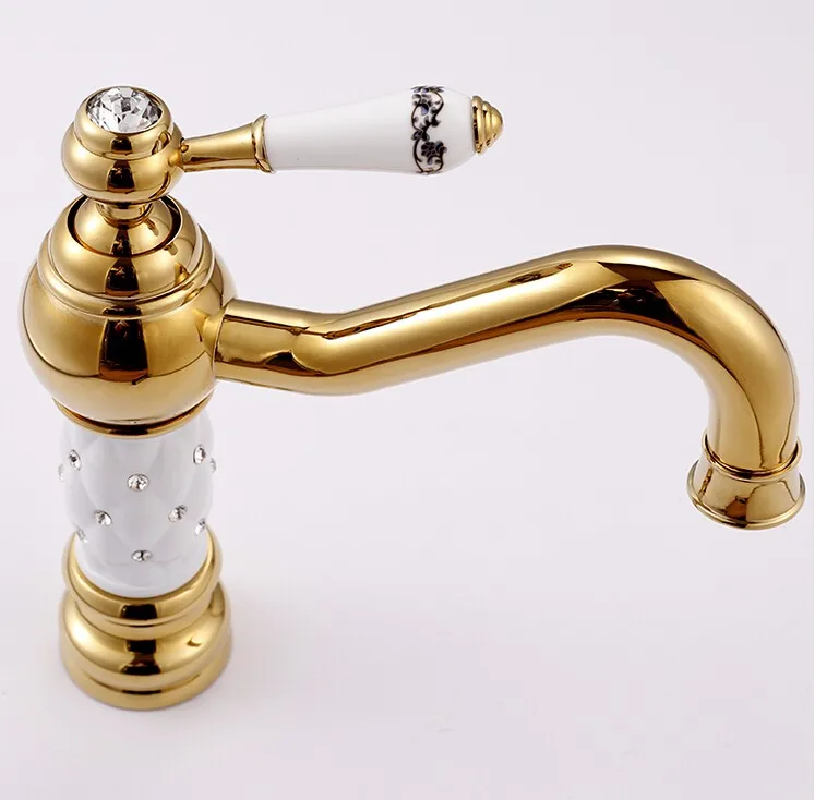 Элегантный современный роскошный золотой кристалл раковина кран Горячая и холодная вода ванная комната одно отверстие смеситель на