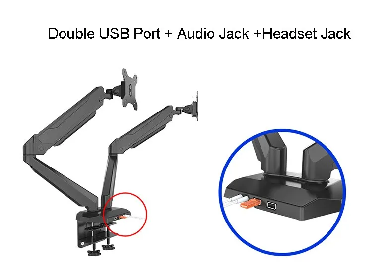 2-в-1 полный движения рабочего крепление газ пружинный держатель ноутбука+ монитор держатель с двумя кронштейнами с USB Порты и разъёмы Запчасти и аксессуары к аудио разъем для подключения гарнитуры