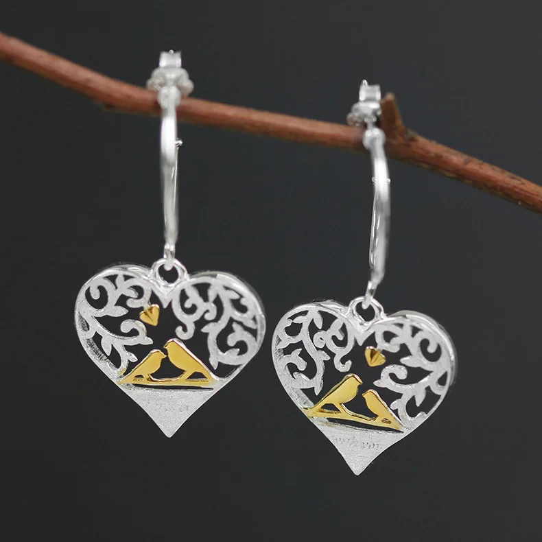 

CMAJOR Handmade 925 Sterling Silver Filigree Heart Flower and Birds Drop Earrings Vintage Original Fine Jewelry Wholesale