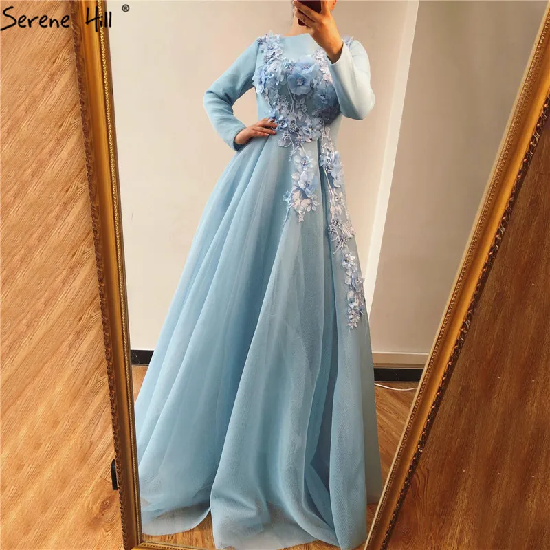 Мусульманские синие вечерние платья с длинными рукавами, дизайнерские вечерние платья ручной работы с цветами и жемчугом, Serene Хилл LA70114