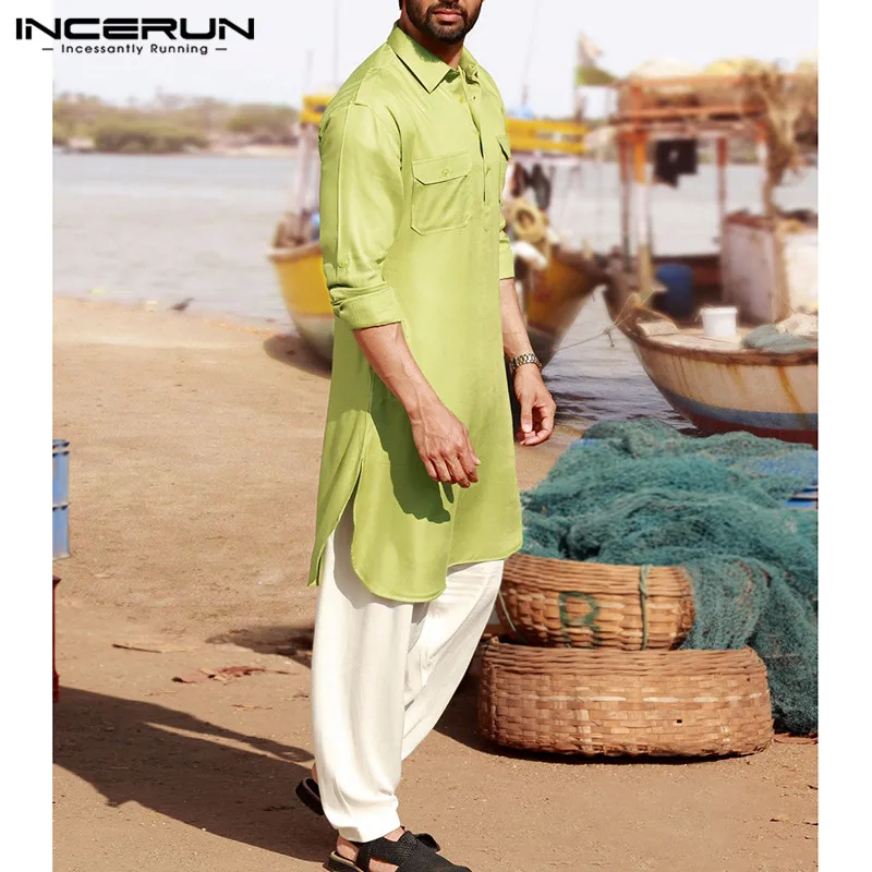 INCERUN,, индийская одежда, мужская длинная рубашка, свободные карманы, одноцветная, для отдыха, с длинным рукавом, модная, Пакистанская рубашка, мужская, мусульманская одежда