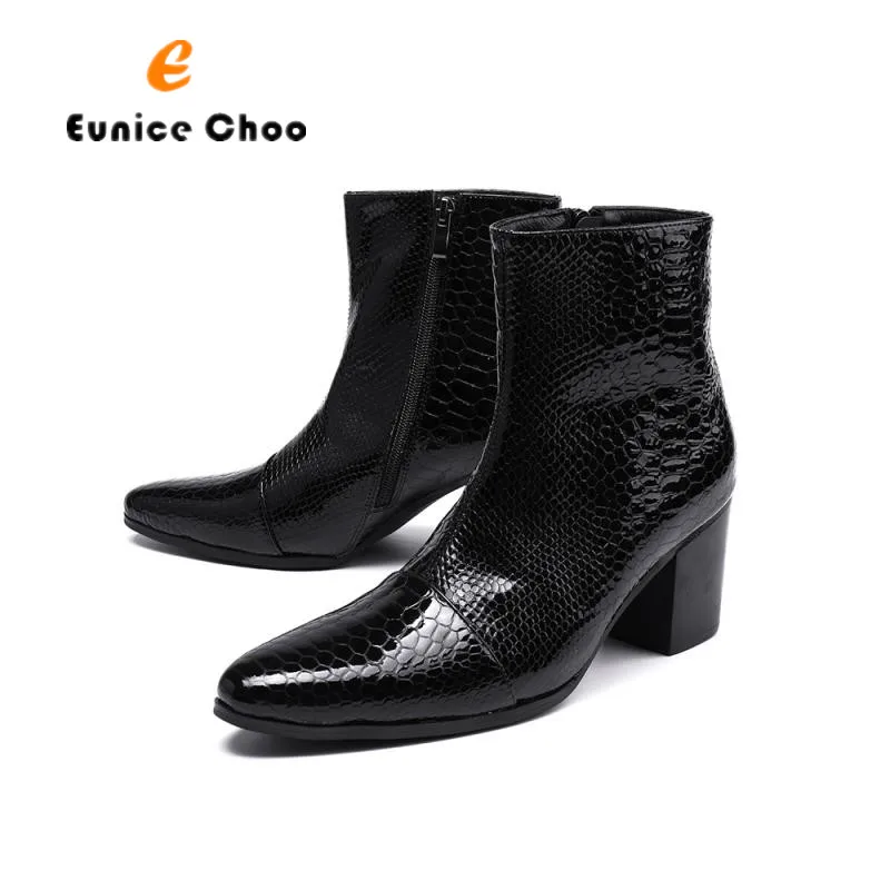 

Eunice Choo Genuine Leather Men Boots Square Male High Heels Ankle Boots High Quality Snakeskin Print Zipper Black Men Shoes