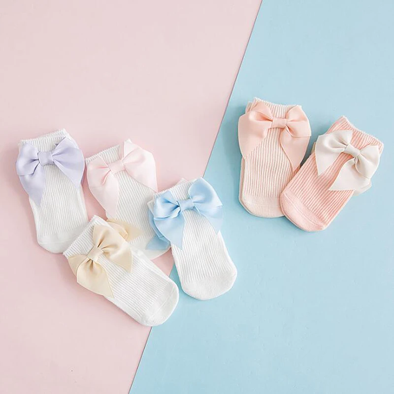 

3 Pair/Lot Baby Girl Bow Socks Newborn Infant Short Solid White Peach Socks Spring Summer Party Clothing Girl Wear SC-110