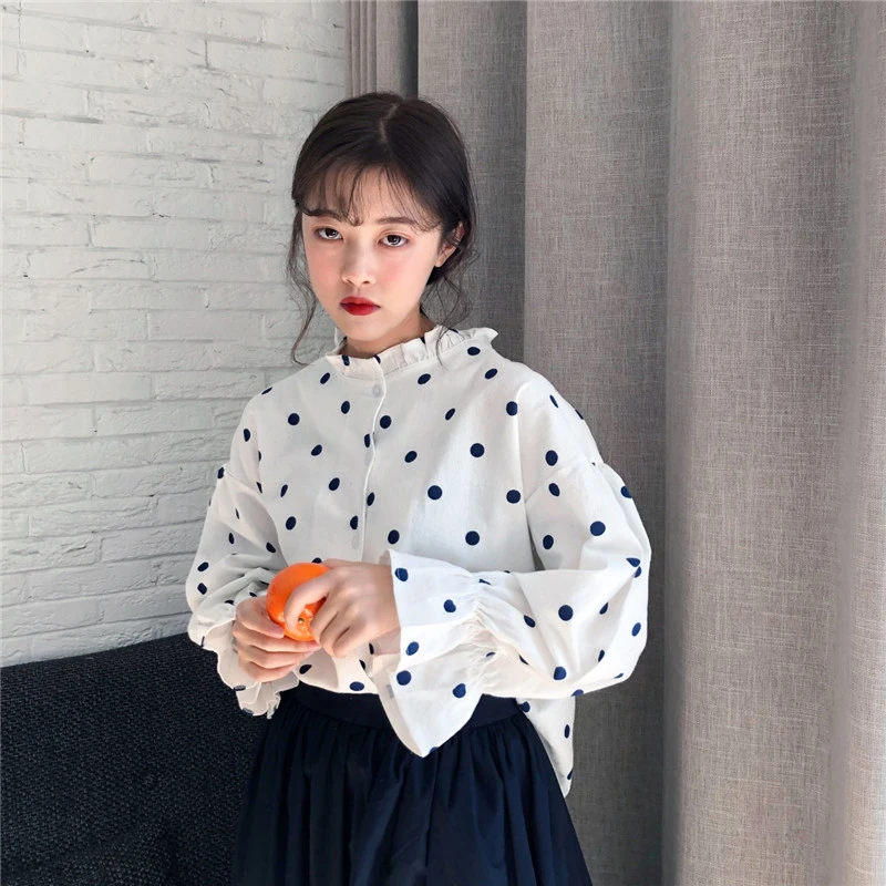 

HziriP 2018 Spring Summer Women Stand Collar Polka Dot Loose Blouses Women Elegant Long Sleeve Pullovers Female Shirts Tops Tee