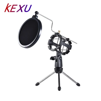 

KEXU Black Desktop Microphone Stand Table Plastic Mini Mic Clip Tripod Holder with Pop Filter Double Mesh Screen Micro Tripod