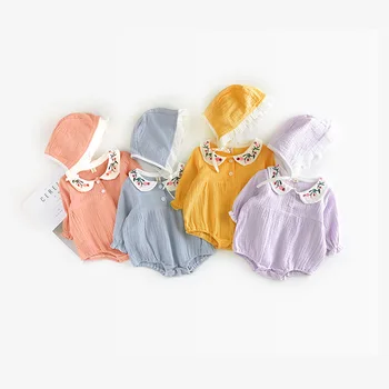 

Baby Girls Rompers Cotton Linen Embroidery Flower Newborn Baby Long Sleeve Clothes Princes Infant Girl Jumpsuit With + Hat