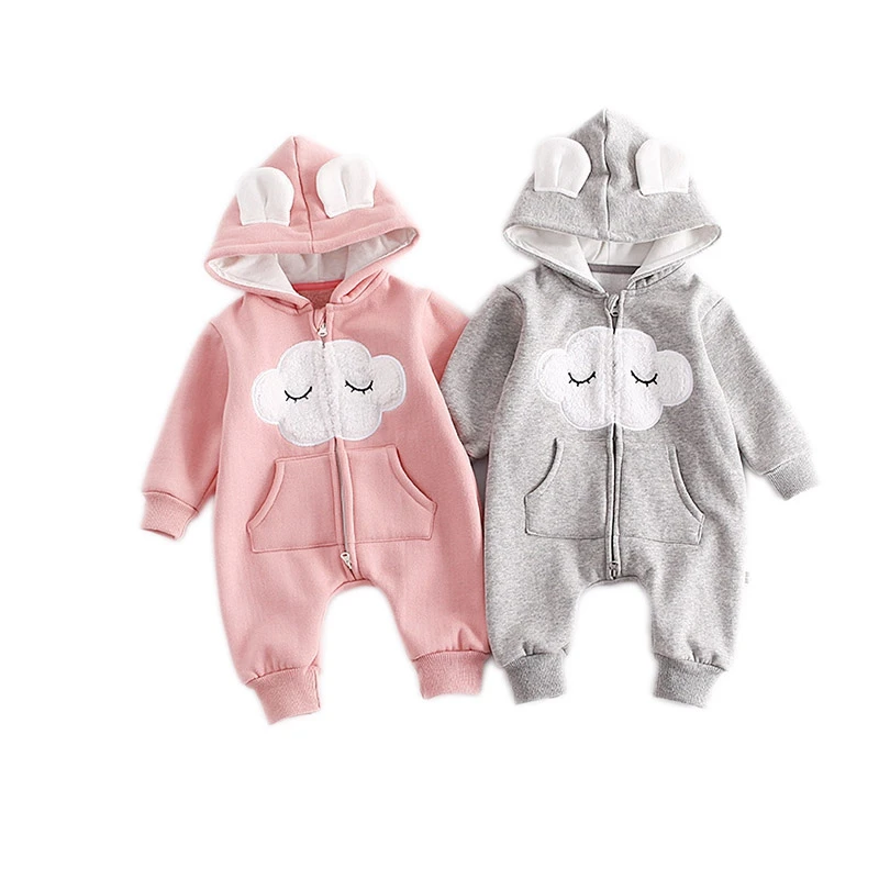 

Cute Newborn Baby Hooded Romper Smile Cloud Appliqued Costume Baby Clothes Pocket Overalls Autumn Warm Long Sleeve Baby Jumpsuit