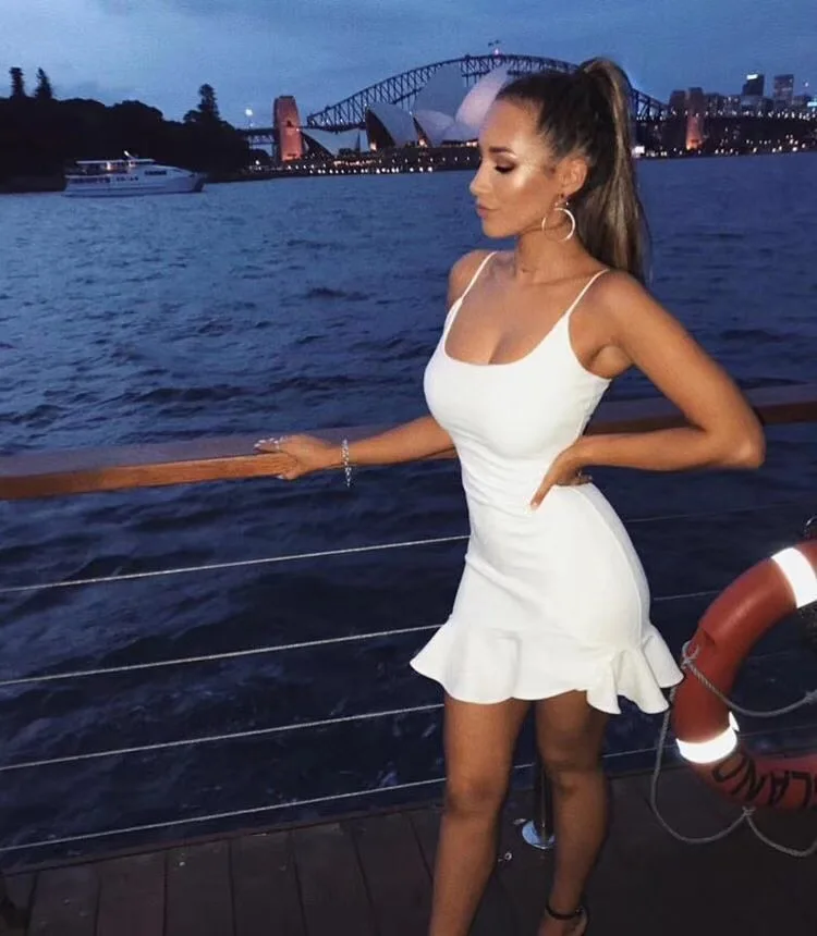 

High Quality White Black Slip Ruffles Rayon Bandage Dress Club Party Bodycon Cute Dress