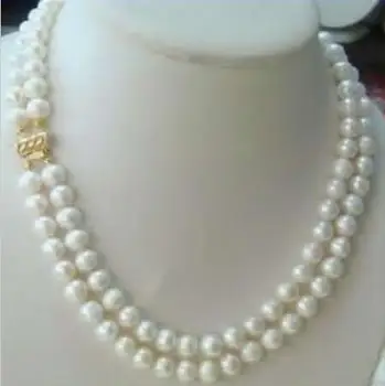 

Double strands 9-10mm natural south sea white pearl necklace 18inch 14K GOLD CLASP