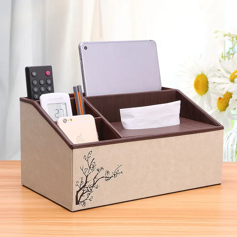 

4 Cells PU Leather Bedroom Organizer Cosmetics Makeup Storage Box Remote Control Phone Holder Desktop Office Home Organizer 1396