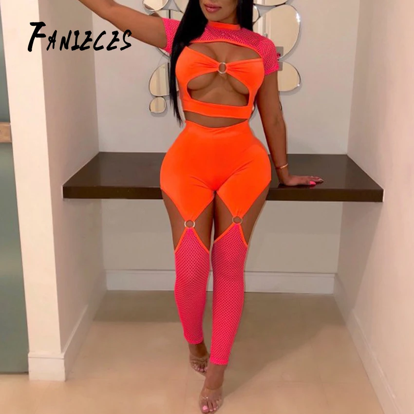 

FANIECES wish ins hot sell Hollow Out sexy casual suit female fluorescent color mesh fashion plus size women 2 two-piece suit
