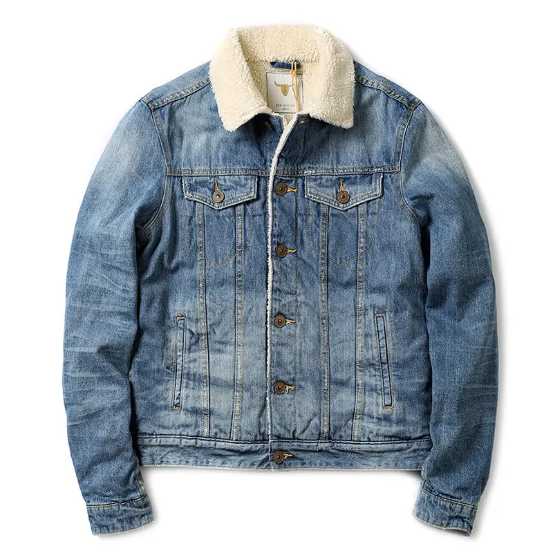 New Men Jacket and Coats Lined Denim Jackets Mens Jeans Jacket Thicken Warm - Цвет: Небесно-голубой