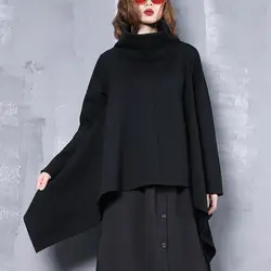 Большой размеры для женщин одежда модные черные пуловер Толстовка 2019 Весна новая водолазка с длинным рукавом Нерегулярные