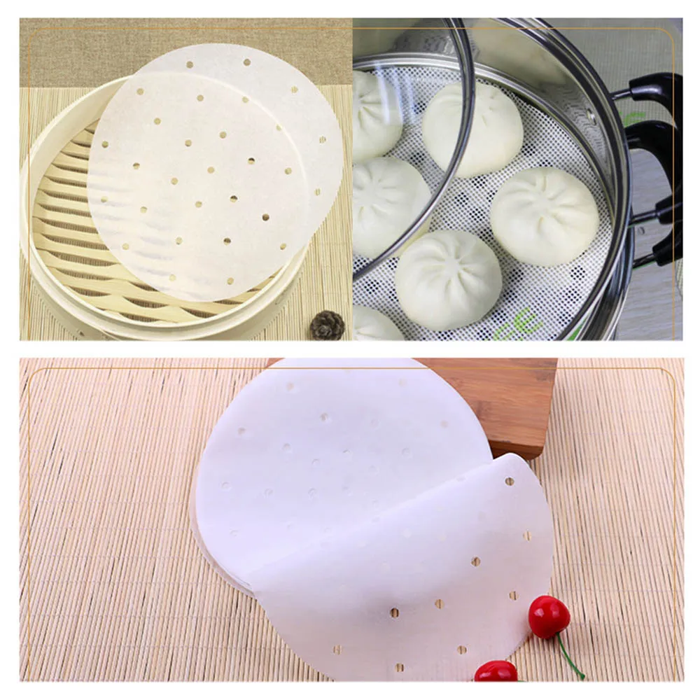 

100Pcs Round Air Fryer Steamer Liners Premium Perforated Wood Pulp Papers Non-Stick Steaming Basket Mat Baking Cooking Tools