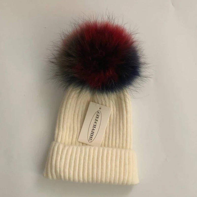 Повседневные помпоны из натурального Лисьего меха и норки, 15 см, Skullies Beanies, шапки для женщин и девушек, зимние шерстяные теплые шапки Skullies Beanies, шапки, Новые шапки - Color: Children White