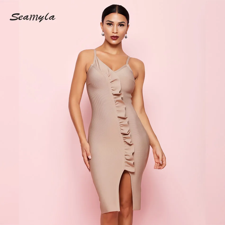 

Seamyla New Bandage Dresses Women Summer Sexy Bodycon Split Red Clubwear Sleeveless Ruffles Evening Party Dress Vestidos 2019