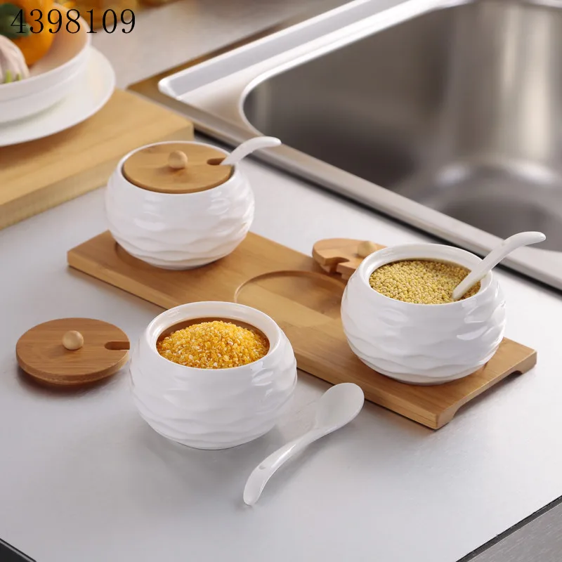 

Ceramic condiments jar household seasoning box wooden tray spice jar soy sauce pot salt sugar single can kitchen seasoning tool