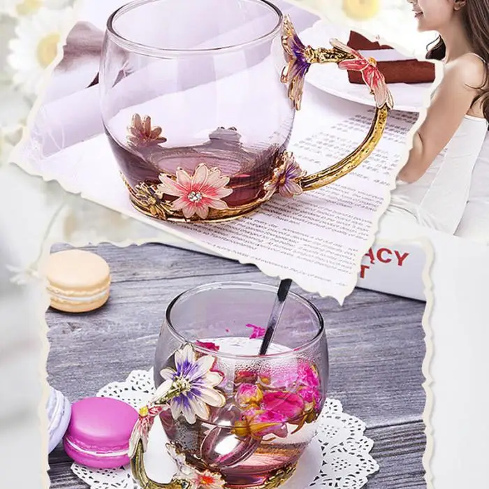 Новое поступление роскошное эмалированное Хрустальное стекло розы термостойкая бутылка для чая поставляется с ложкой Чай Молоко Кружка свадьба посуда для напитков DA