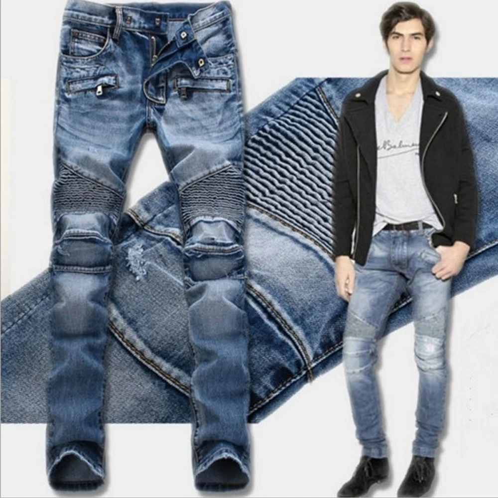 Street Fashion Men/Male Biker Ruched Tapered Jeans Skinny