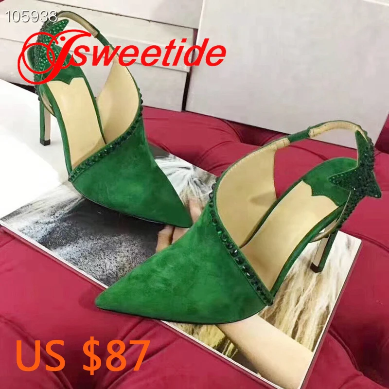 

Women Brand Suede Pointed High heel Sandals Summer Rhinestone Decoration Leather bottom Sandals Heel Thin Heel Party Shoes