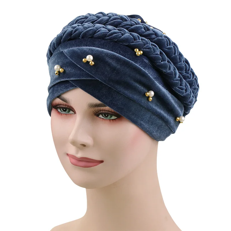 

Muslim Women Hemp Braid Cross Velvet Bead Braid Turban Hat Scarf Cancer Chemo Beanies Cap Hijab Headwear Headwrap Accessories