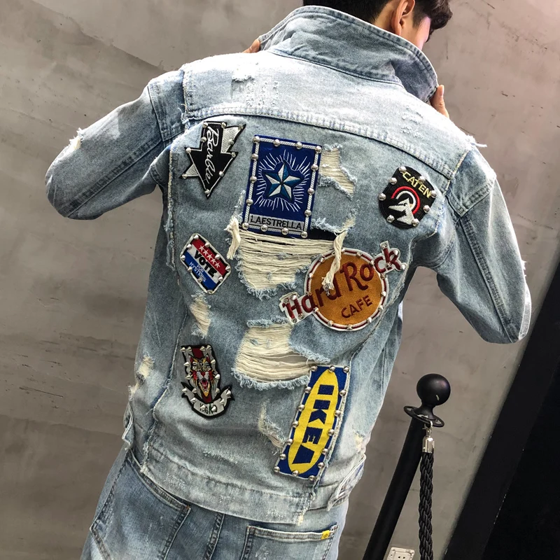 

YASUGUOJI New 2019 Hip Pop Fashion Embroidered Patch Jean Jacket Men Denim Jackets Streetwear Hole Slim Fit Jeans Jacket for Men